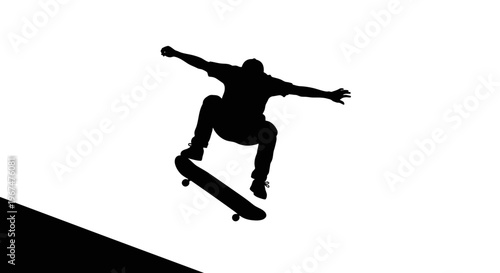 Silhouette of a skateboarder performing an ollie trick against a bright white background.