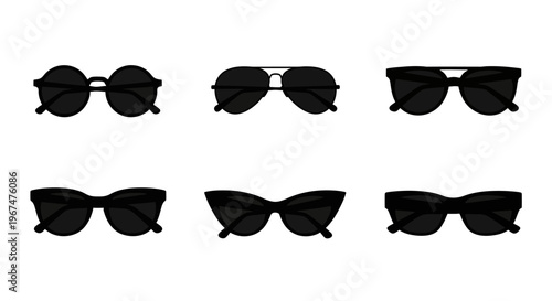 Collection of various black sunglasses on a white background.