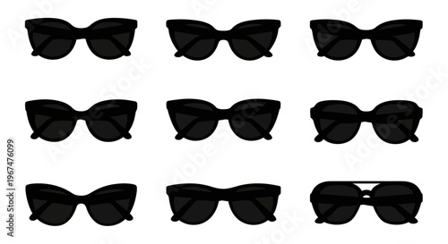Collection of various black sunglasses on a white background.