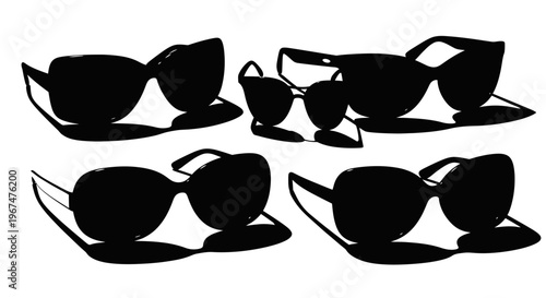 Silhouettes of various stylish sunglasses casting shadows on a white background.