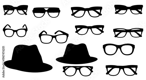 Collection of various eyeglasses and hats in silhouette.