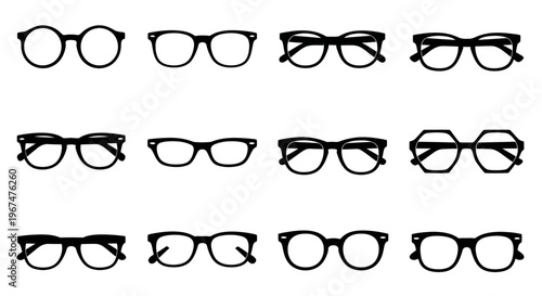Collection of various eyeglasses and spectacles in black and white, showcasing different frame styles and shapes.