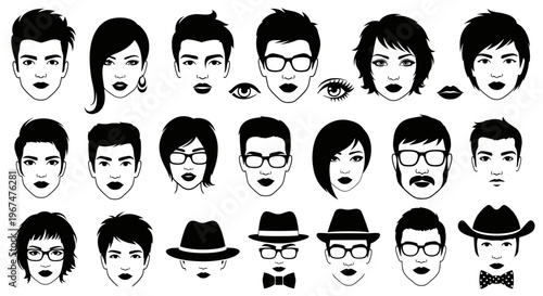 Diverse collection of stylized human faces and accessories in black and white.