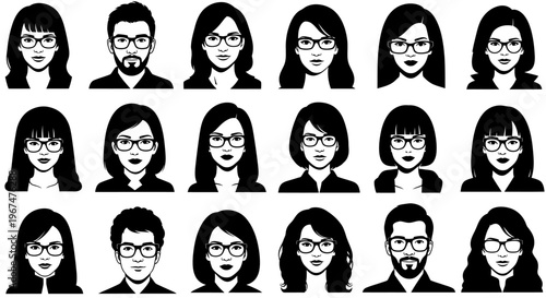 Diverse collection of vector avatars featuring people wearing glasses.