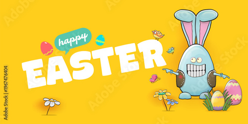 Happy Easter banner with funny rocker bunny character. Blue egg-shaped rabbit showing rock hand sign on yellow background. Creative easter spring holiday header with eggs, flowers and butterfly.