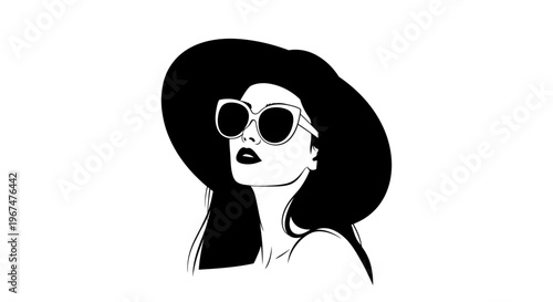 Stylish woman in a wide-brimmed hat and sunglasses looking up with a confident expression.
