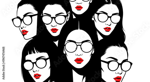 Stylish women with glasses and red lips in a pop art illustration.
