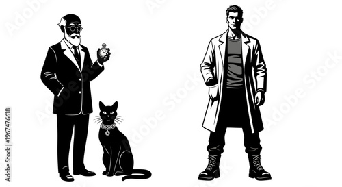 Two distinct male figures and a black cat, presented in a stark black and white illustration style.