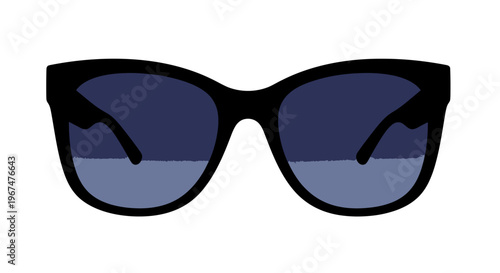 Stylish black sunglasses with dark blue lenses on a white background.