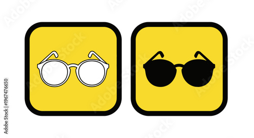 Two pairs of glasses, one clear and one dark, on yellow backgrounds.