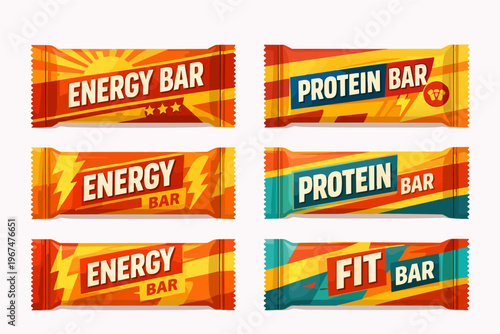 Assortment of energy, protein, and fit bars in colorful individual snack packaging