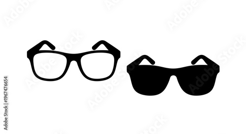 Two pairs of glasses, one clear and one dark, on a white background.