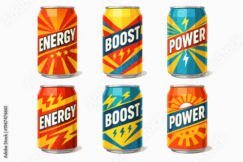 Collection of energy drink cans showing boost, power, and high voltage concepts