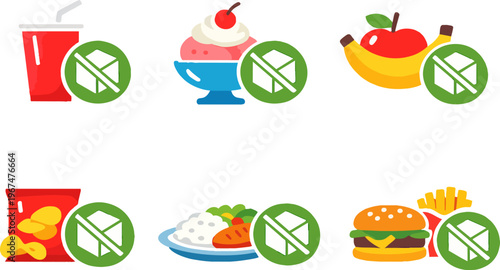 Food and drink icons with sugar-free symbol indicating healthy eating and diet