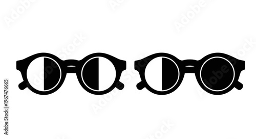 Two pairs of round glasses with half-moon lenses, one pair with both lenses half-white and half-black, and the other with one half-white and half-black lens and
