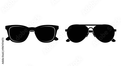 Two distinct styles of sunglasses, one classic wayfarer and one aviator, presented as black silhouettes on a white background.