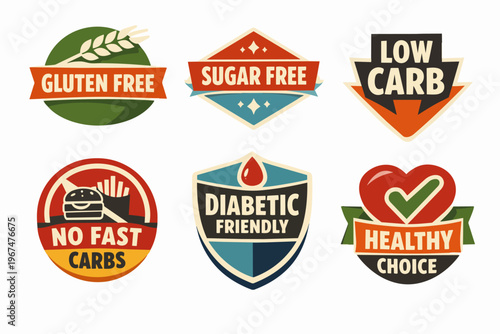 Healthy food labels collection featuring gluten free, sugar free, low carb, and diabetic friendly