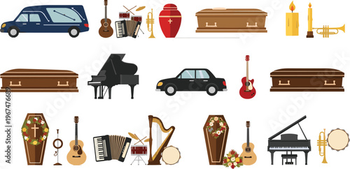 Set of 10 Funeral and Memorial Service Vector Illustrations Including Coffins, Hearse, Musical Instruments, and Candles for Bereavement and Tribute Designs