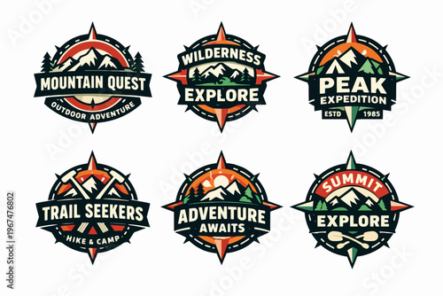 Adventure logos featuring a compass, mountains, and trees for outdoor activities and travel