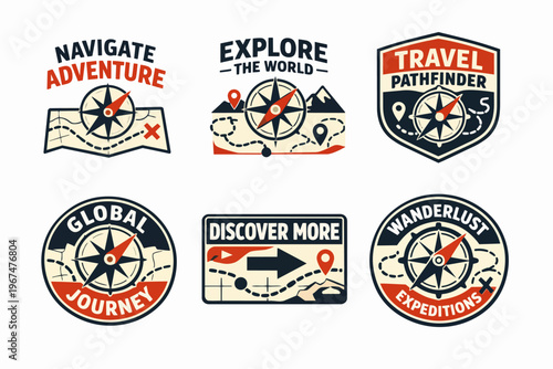 Travel and adventure emblems, featuring compasses, maps, and exploration symbols