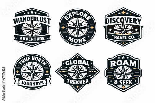 Collection of travel and adventure badges featuring compass designs and motivational text