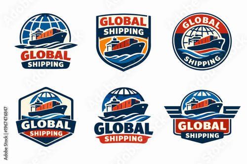 Global shipping logistics logos representing worldwide cargo transportation and delivery