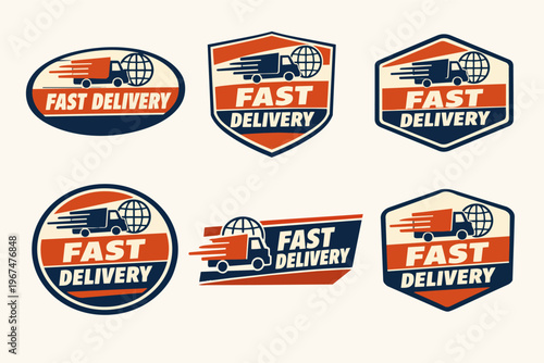 Fast delivery logistics badges collection with truck and globe icon moving quickly
