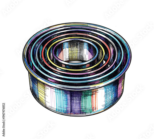 Set of concentric circular cookie cutters with colorful striped shading