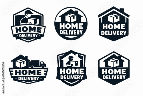 Home delivery service logos concept set with courier, house and package symbols