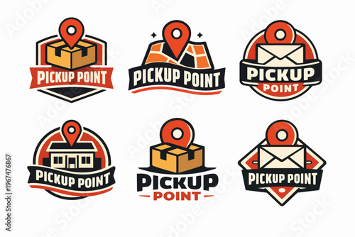 Pickup point logos set showing delivery locations for packages and mail