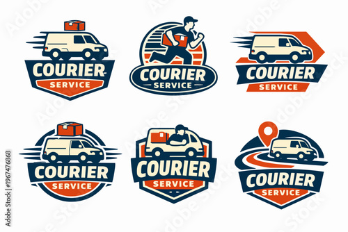 Courier service vector logo collection showing delivery vans and a running deliveryman