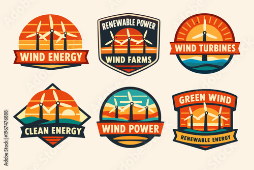 Wind energy concepts, renewable power badges, wind turbines icons, green power emblem collection