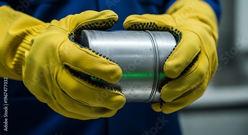 Worker in yellow gloves carefully holds a metal cylinder with a green laser line