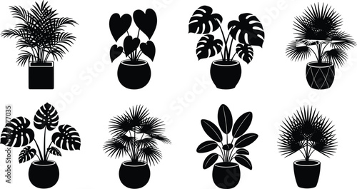 Collection of black indoor potted plant silhouettes featuring diverse leaf shapes and modern planter designs isolated on white background for home decor graphics