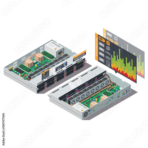 Isometric Server Case Hardware with Motherboard and Dashboard Infographic