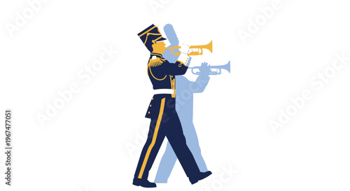 A male musician in a formal marching band uniform plays a golden trumpet while performing in a parade