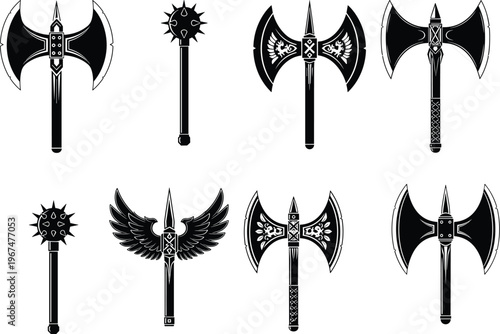 Collection of black medieval weapon silhouettes featuring various battle axe designs and spiked maces isolated on white background for fantasy and historical design
