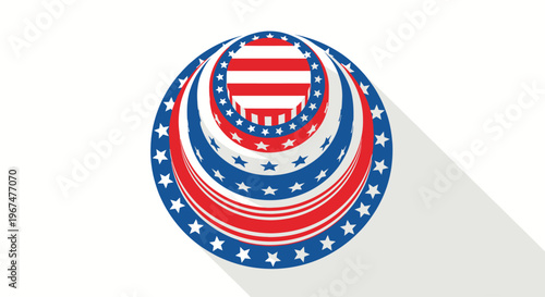 Top view of a patriotic tiered circular design featuring red white and blue stars and stripes patterns with a long shadow