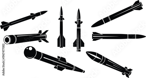 Collection of black missile and rocket silhouettes featuring various ballistic weapon shapes and military projectiles isolated on white background for defense and weaponry design