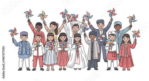 Diverse children in traditional ethnic clothing stand together holding colorful pinwheels against a white background to celebrate global unity
