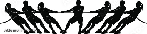Collection of male and female silhouettes engaged in a competitive tug of war game isolated on white background for teamwork and sports design