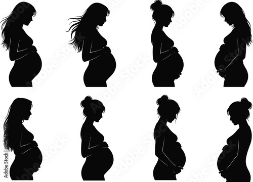 Collection of pregnant woman silhouettes featuring various mother profiles with long hair and buns isolated on white background for motherhood and maternity design