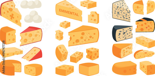 Variety of Cheese Types Including Emmental, Swiss, Gouda, and More with Holes and Blocks, Vector Illustration for Dairy and Gourmet Themes