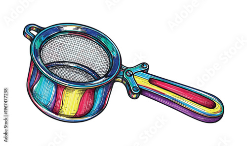 Colorful handheld kitchen sieve with a mesh screen and a long handle