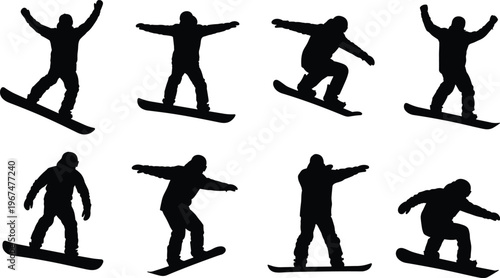 Collection of snowboarder silhouettes featuring various jumping and riding poses isolated on white background for winter sports and extreme mountain adventure design