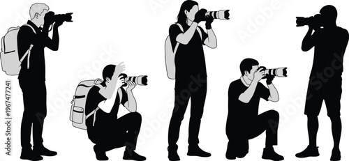Collection of professional photographer silhouettes featuring cameramen in standing and kneeling poses with backpacks and DSLR cameras isolated on white background for media design