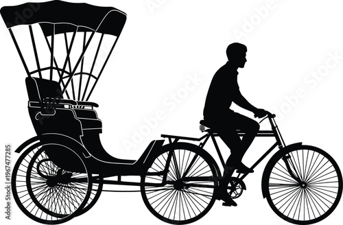 Detailed black and white vector silhouette of a rickshaw driver pedaling a traditional three-wheeled cycle taxi isolated on white background for travel design