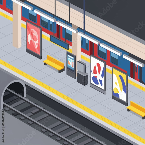 Isometric View of a Subway Platform with Advertisements and Seating.