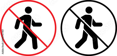 Prohibited pedestrian crossing symbols on circular signs with diagonal lines