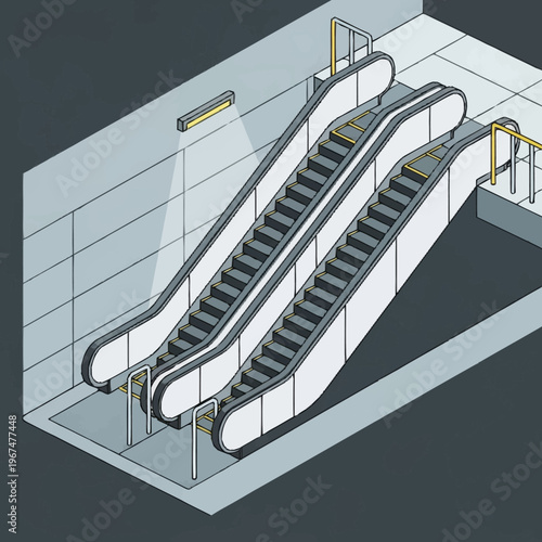 Isometric View of Two Escalators in a Building.